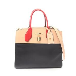 Louis Vuitton City Steamer Handbag Leather Black Beige Red